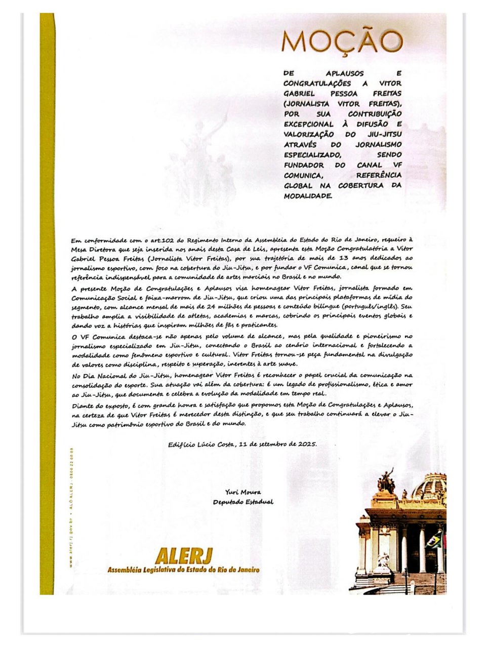 Documento da moção concedida pela Alerj a Vitor Freitas