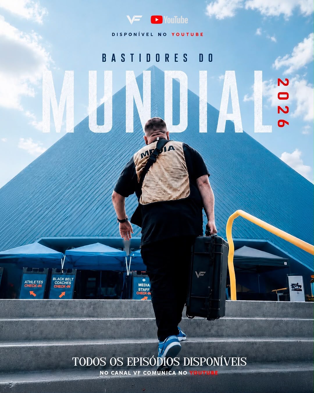 Capa da série Bastidores do Mundial 2026, da VF Comunica, com Vitor Freitas chegando ao ginásio
