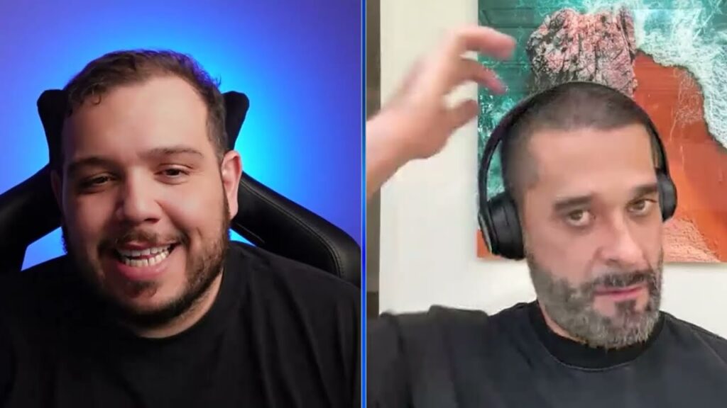 Vitor Freitas e Fepa Lopes, de fone de ouvido, em entrevista por vídeo