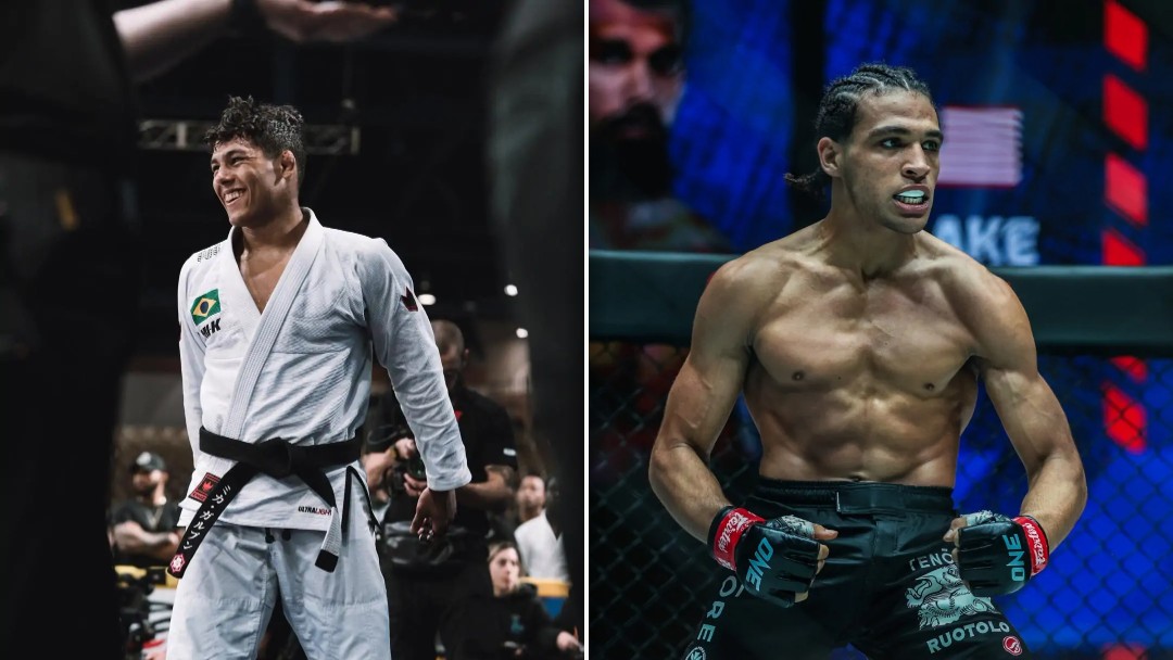 Kade Ruotolo vs. Mica Galvão: are exclusive contracts blocking the rematch? 1 Mica Galvão in a white gi and Kade Ruotolo inside the ONE Championship cage, side by side