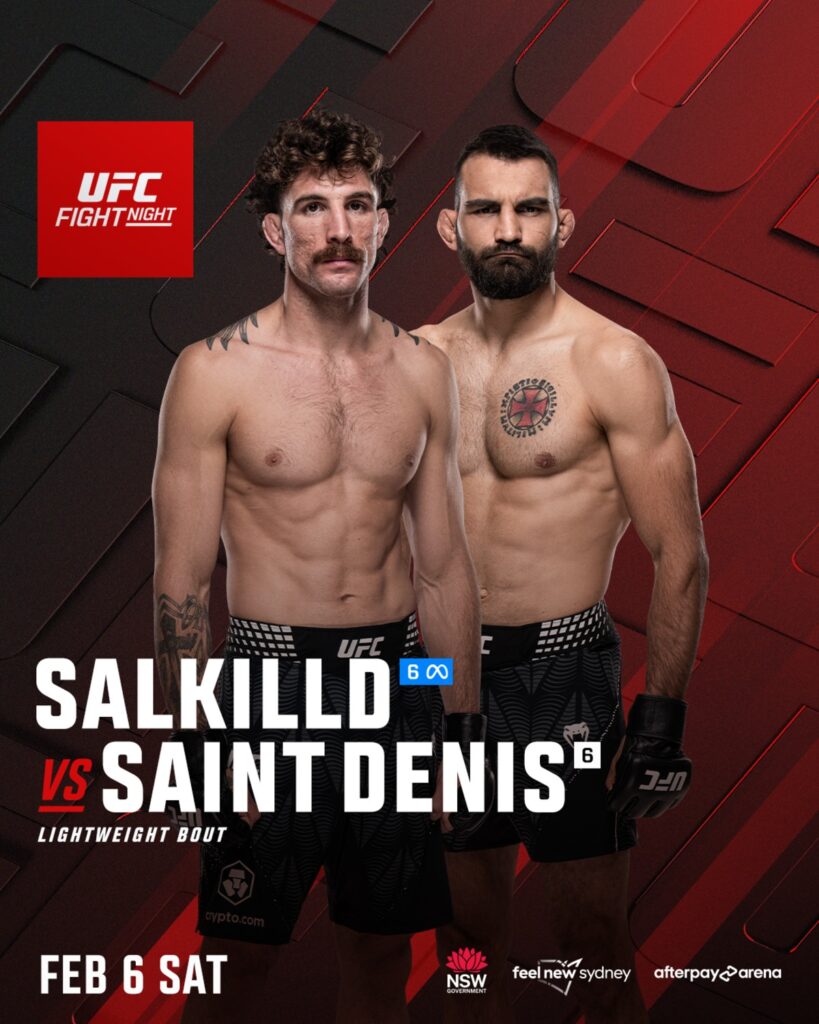 Quillan Salkilld e Benoit Saint Denis sem camisa, lado a lado, no pôster oficial do UFC Sydney