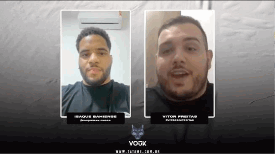 Quadro do TATAMECAST com Isaque Bahiense e Vitor Freitas em telas lado a lado, identificados por legendas