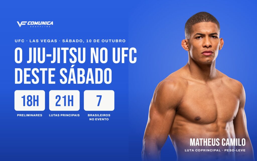 UFC hoje: horário, os sete brasileiros e o faixa-preta de Jiu-Jitsu na luta principal 1 Matheus Camilo, brasileiro do UFC, em foto oficial ao lado dos horários do evento deste sábado